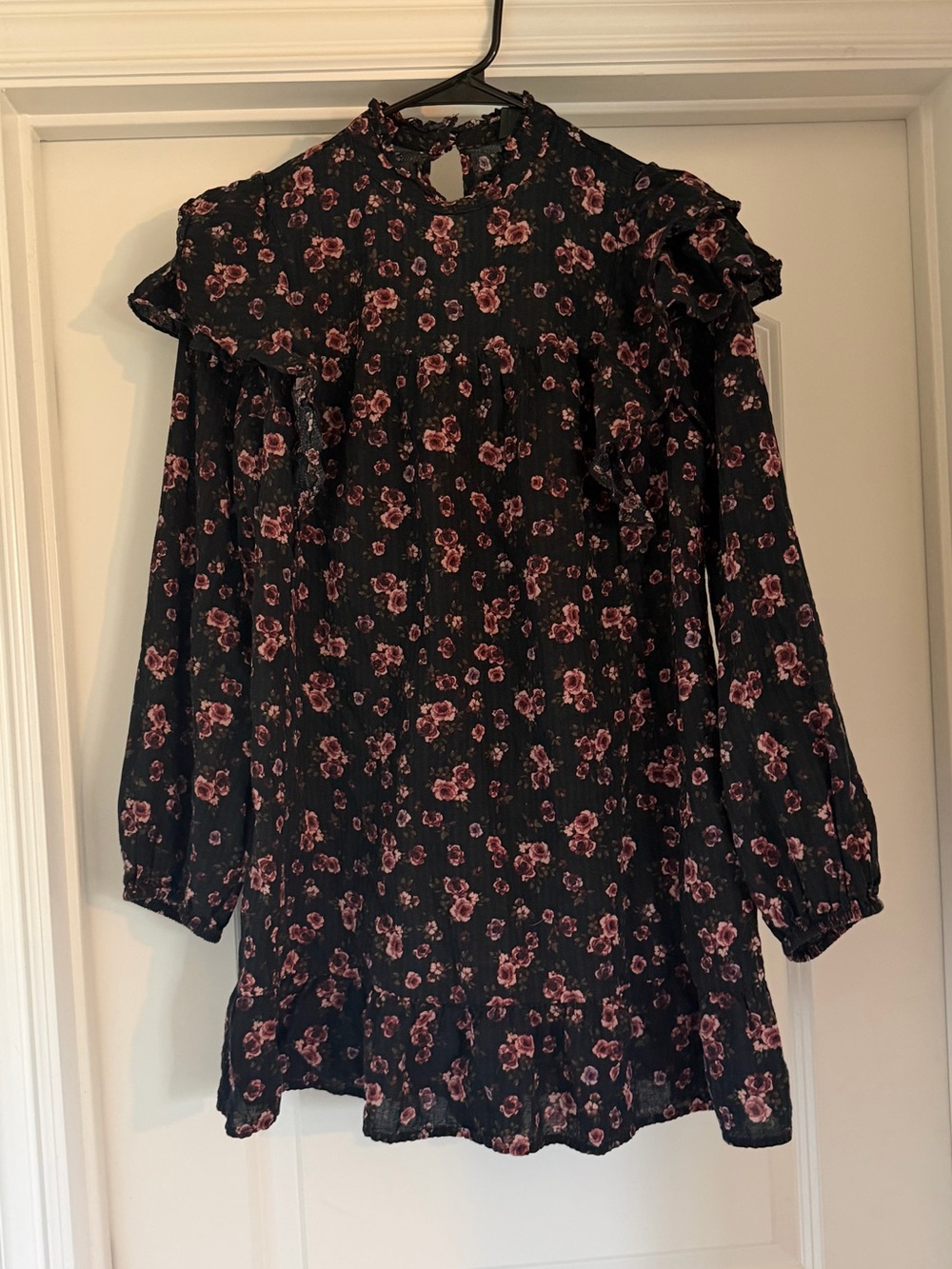 Black Floral Ruffle Dress with Pink Flowers